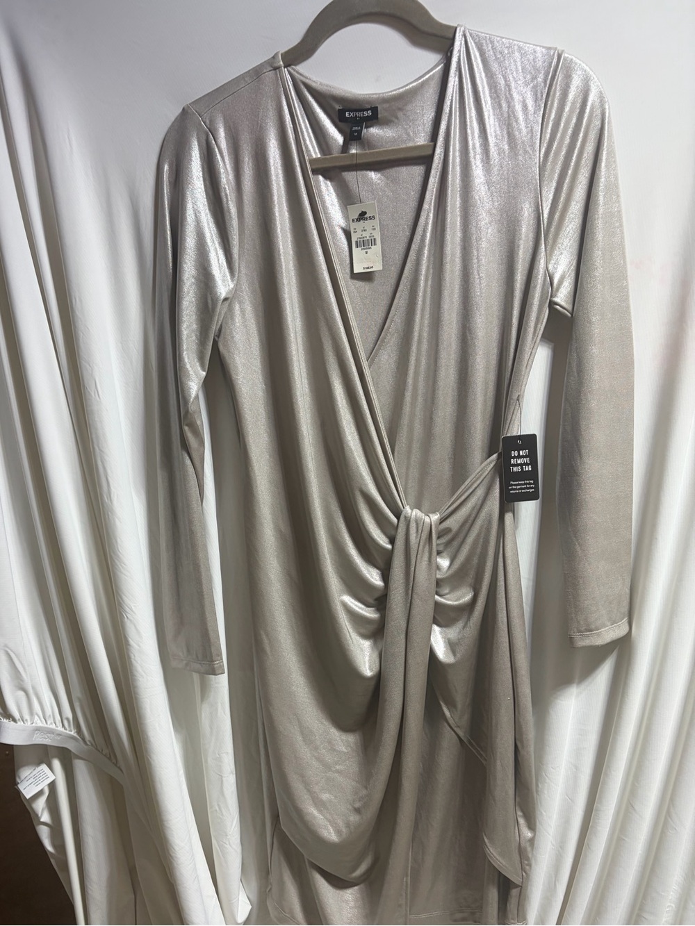 Express Silver Metallic Wrap-Style Long Sleeve Dress